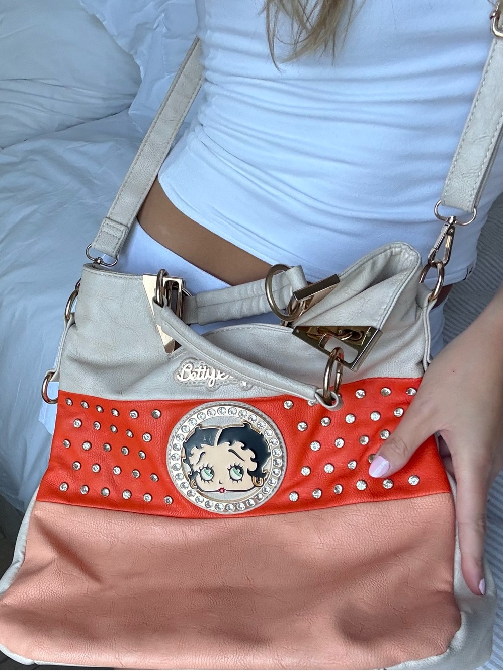 vintage y2k Betty Boop Beige, Coral and Peach Studded crossbody Bag